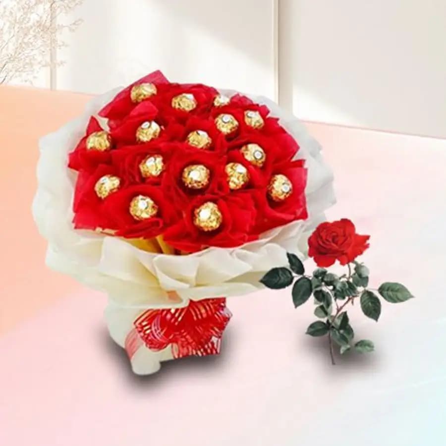 Wonderful 16 pcs Ferrero Rocher Chocolate Bouquet with Single Red Rose