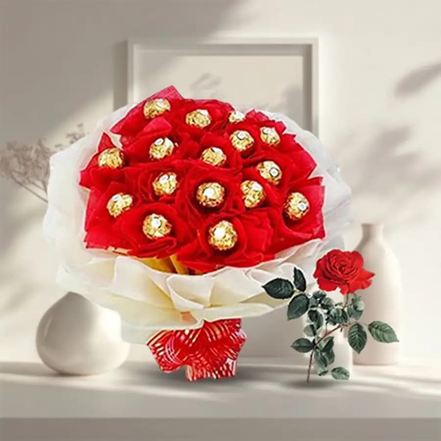 Marvelous Bouquet of Ferrero Rochher Chocolate with Single Red Rose