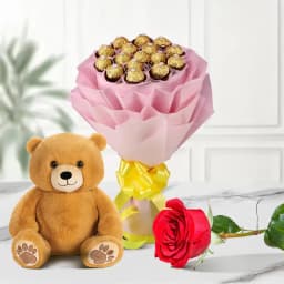 Marvelous Brown Teddy with Ferrero Rocher Chocolate with Single Red Rose 1