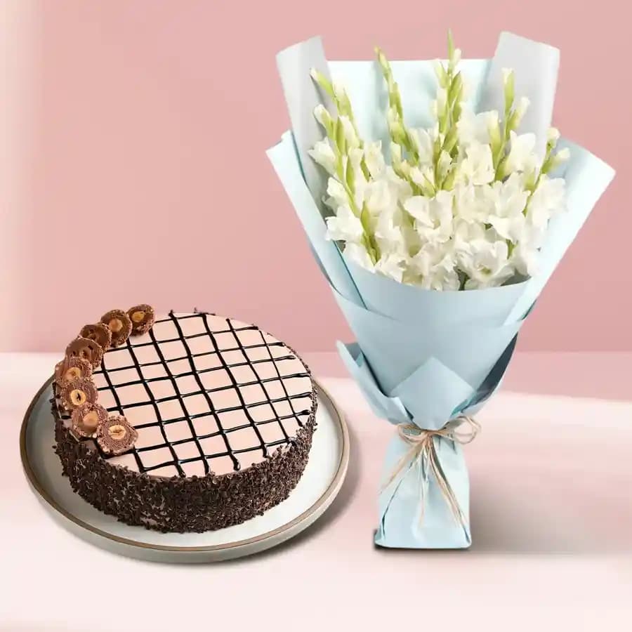 Amusing Gladiolus Bouquet with Chocolate Cake