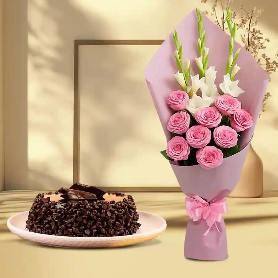 Exquisite Roses n Gladiolus Bouquet with Chocolate Cake