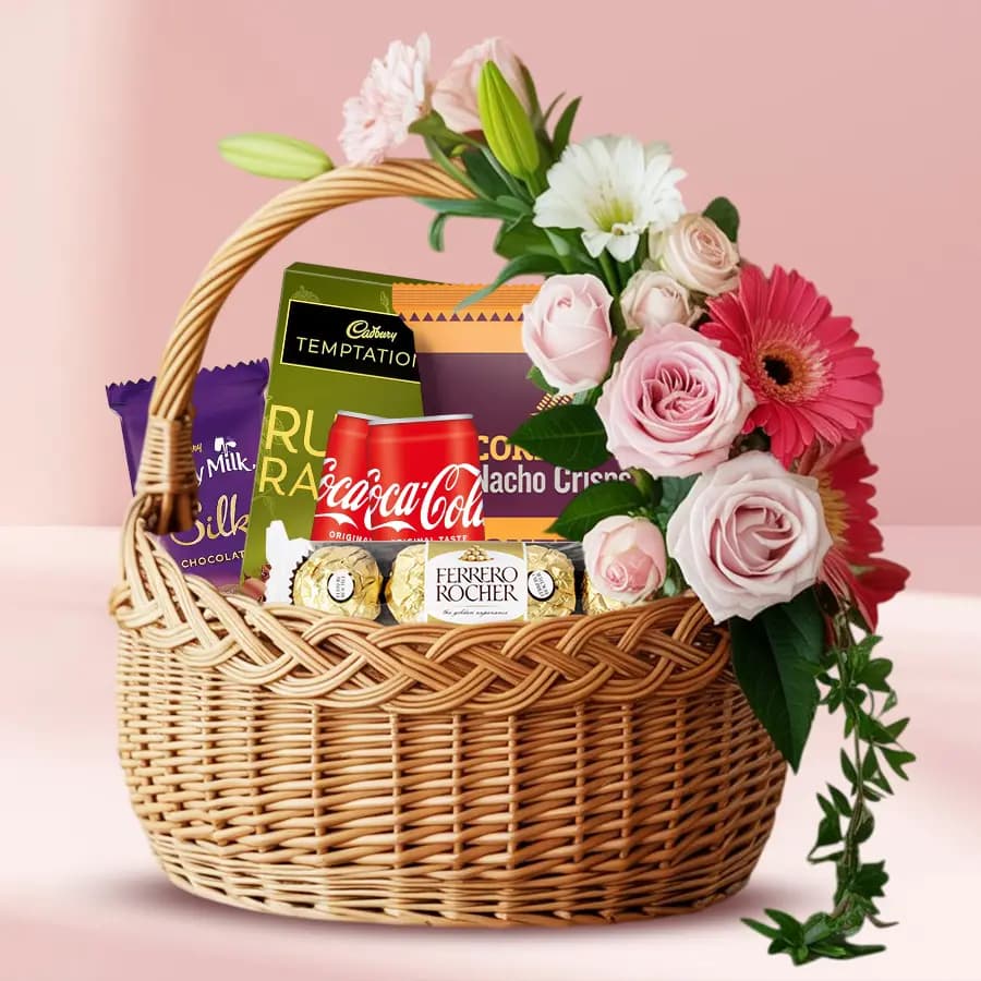 Enticing Basket Full of Chocolates with Pepsi Can n Nachos