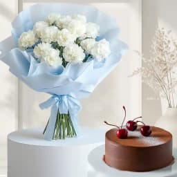 Elegant White Carnations and Choco Truffle Cake Combo 1