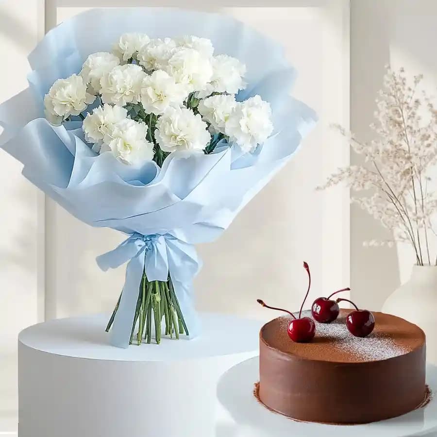 Elegant White Carnations and Choco Truffle Cake Combo