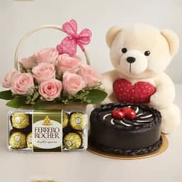 Exquisite Pink Roses with Choco Cake Teddy n Ferrero Rocher 1