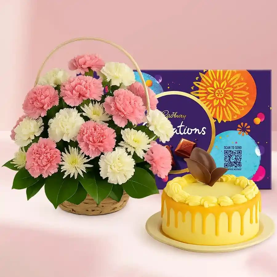 Superb Combo of Mixed Flowers Basket Butterscotch Cake n Chocolates