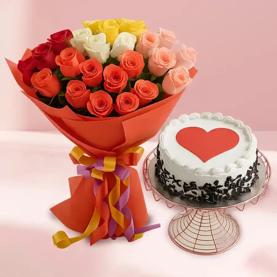 Gorgeous Bouquet of 54 Mixed Roses with Black Forest Cake