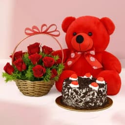 Lovely Gift of Red Roses and Teddy with Black Forest Cake 1