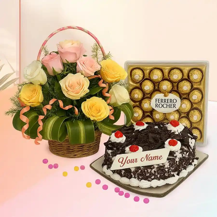 Amazing Roses Basket Black Forest Cake n Ferrero Rocher Gift Combo