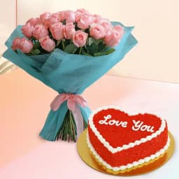 Alluring Heart shape Red Velvet Cake N 24 Pink Roses Combo 1