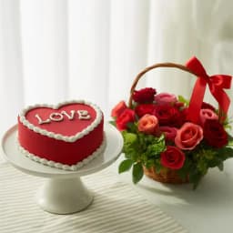 Impressive Heart Shape Red Velvet Cake with Mixed Rose Basket 1