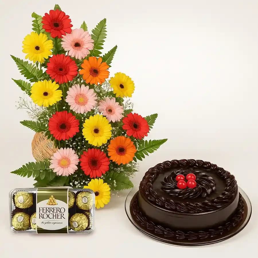 Lovely Basket of 25 Mixed Gerberas with Chocolaty Treat
