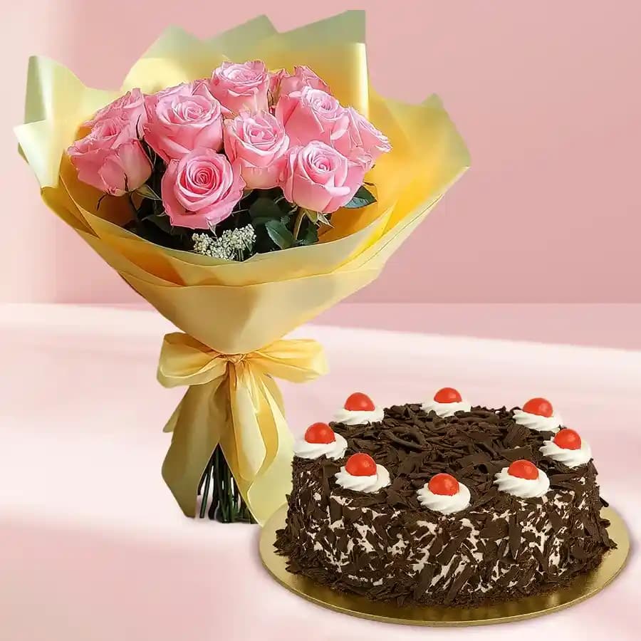 Lovely 12 Pink Roses Bouquet with Black Forest Cake