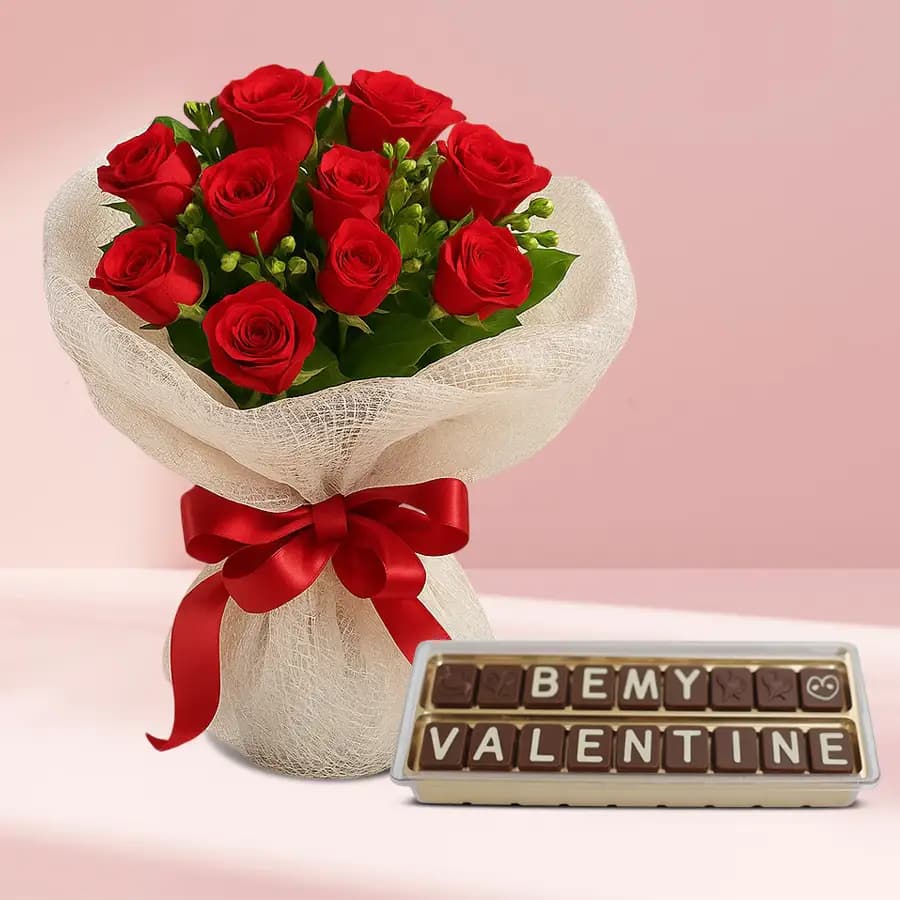 Indulgent V day Combo of Hand Made Chocolates with Red Roses Bouquet