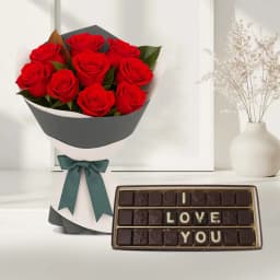 Graceful Red Roses Bunch N I Love You Handmade Chocolate Gift Combo for V day 1