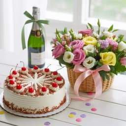 Lovely Mixed Roses Basket with Butter Scotch Cake n Sparkling Juice 1