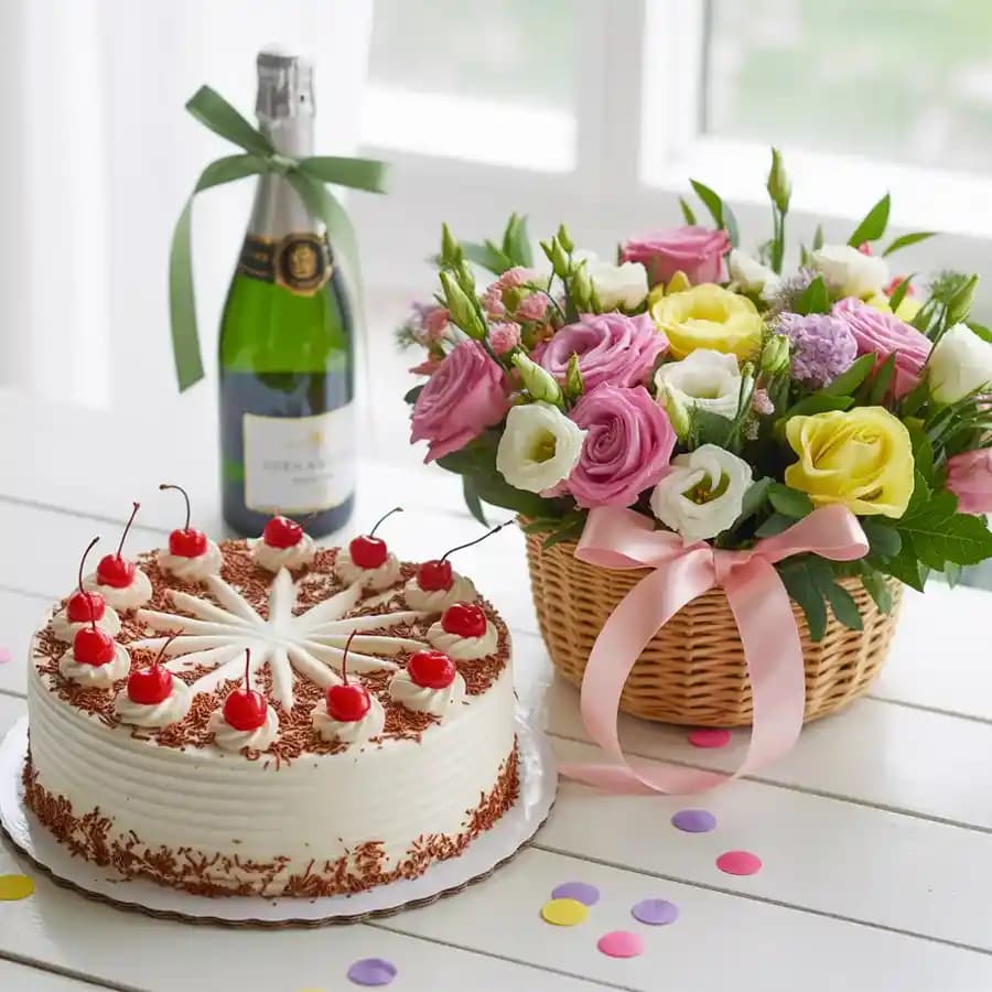 Lovely Mixed Roses Basket with Butter Scotch Cake n Sparkling Juice