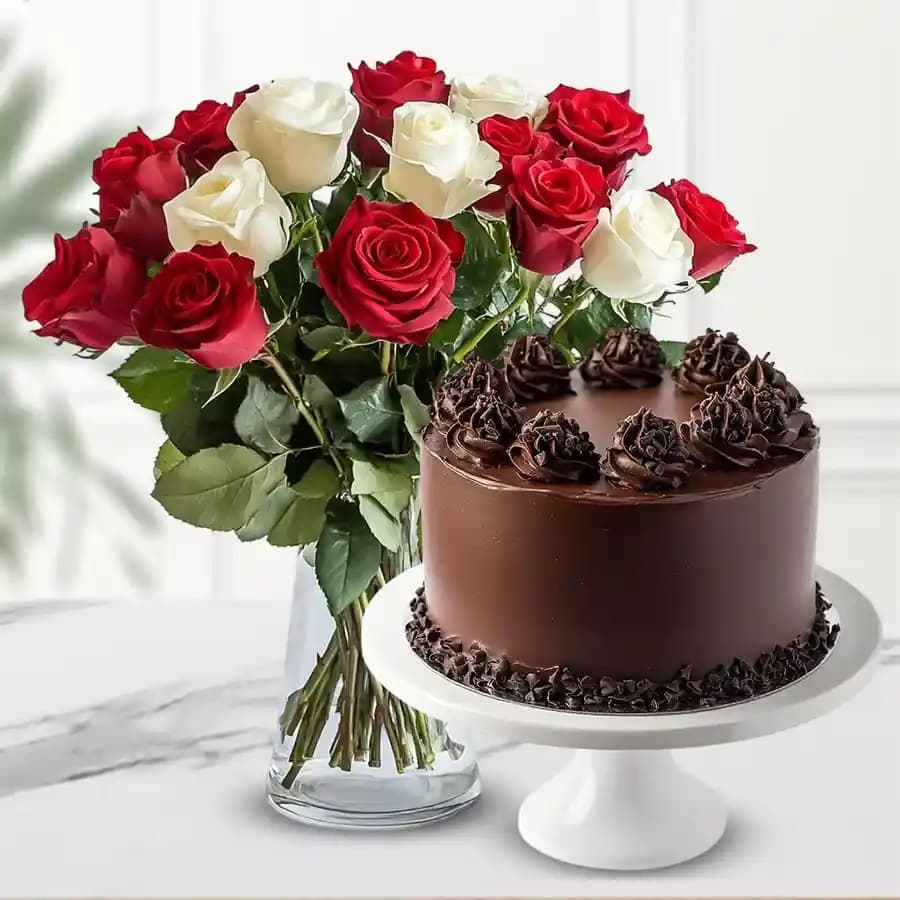 Enticing Combo of Mixed Roses in Vase with Truffle Cake