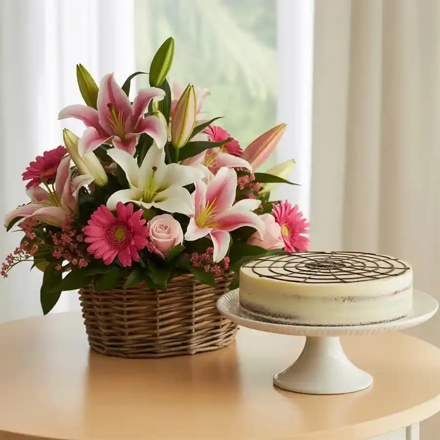 Sensational Bouquet of Mixed Flowers with Butter Scotch Cake