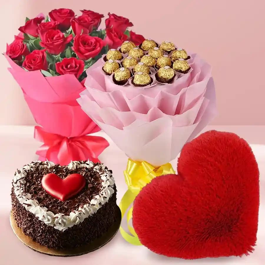 Romantic Gift of Red Roses Love Cake Chocolate Bouquet n Love Cushion