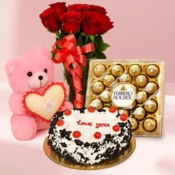 Stunning Combo of Red Roses Vase Heart Shape Cake Pink Teddy n Chocolates 1