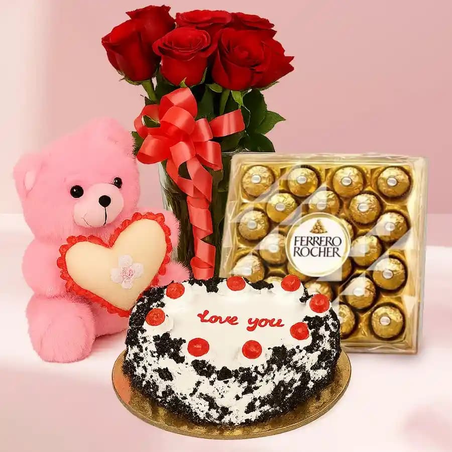 Stunning Combo of Red Roses Vase Heart Shape Cake Pink Teddy n Chocolates