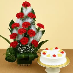 Lovely Red Carnations Bouquet with Pineapple Cake 1