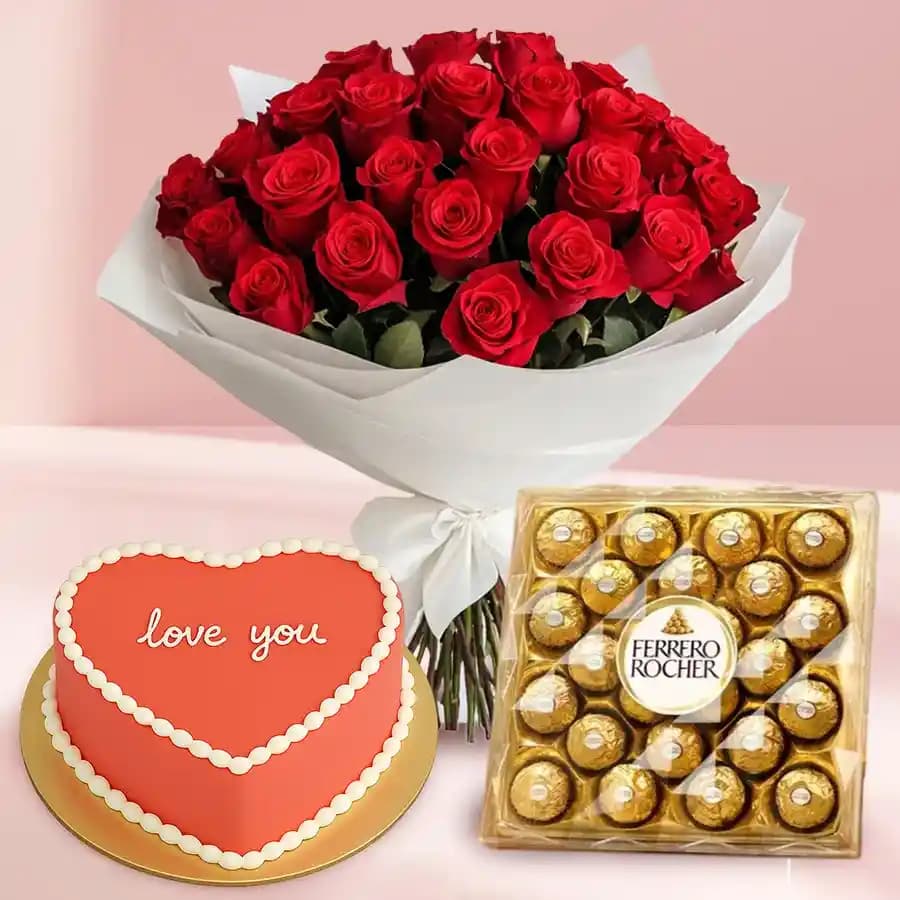 Enticing Red Roses Bouquet with Love Choco Cake n Ferrero Rocher