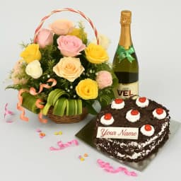 Classic Basket of Mixed Roses Black Forest Cake n Sparkling Juice 1