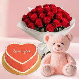 Alluring Roses Bunch with Love Chocolate Cake n Pink Teddy 1