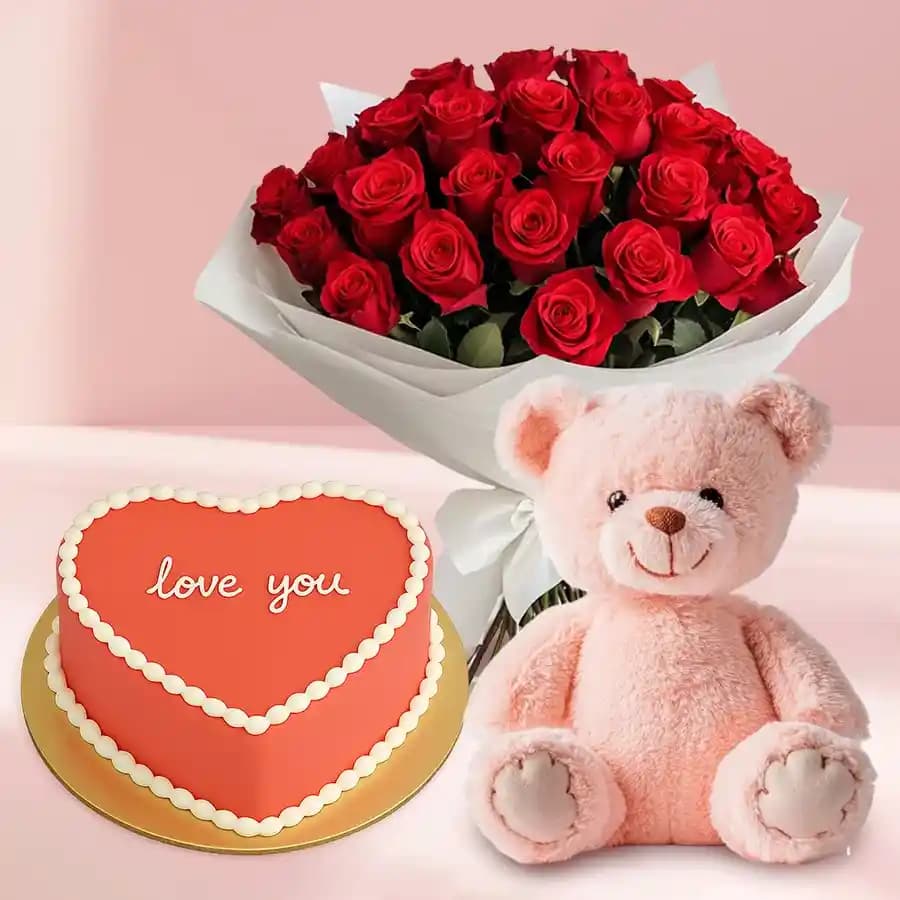 Alluring Roses Bunch with Love Chocolate Cake n Pink Teddy