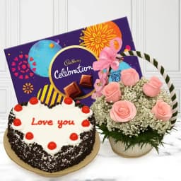Ravishing Pink Rose Basket with Black Forest Cake n Cadbury Chocolates 1