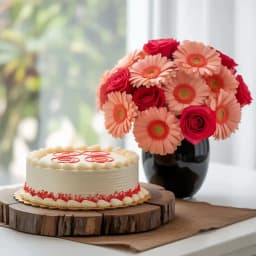 Delicate Pink Flowery Bouquet with Red Velvet Cake 1