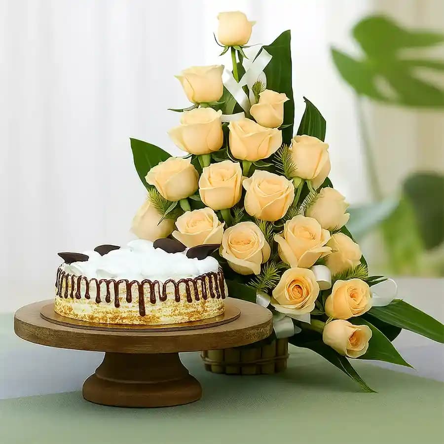 Alluring Basket of 25 Peach Roses with Butter Scotch Cake