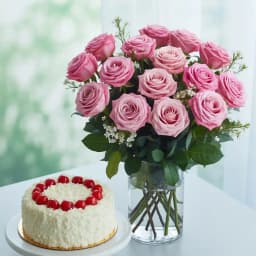 Enticing Combo of White Forest Cake n Pink Roses 1