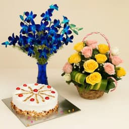 Enchanting Blue Orchids in Vase N Roses Basket with Butterscotch Cake 1
