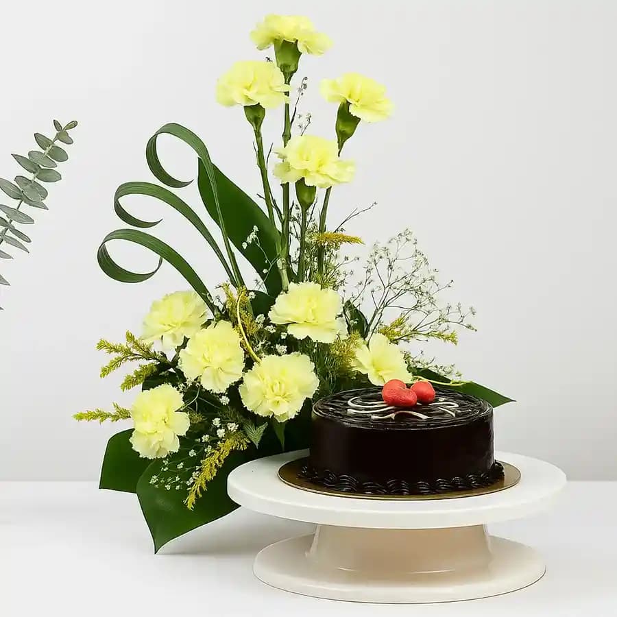 Delicious Truffle Cake N White Carnations Bouquet