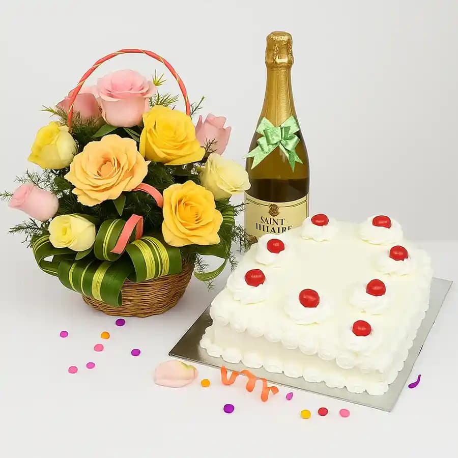 Beautiful Mixed Roses Basket with White Forest Cake N Sparkling Juice