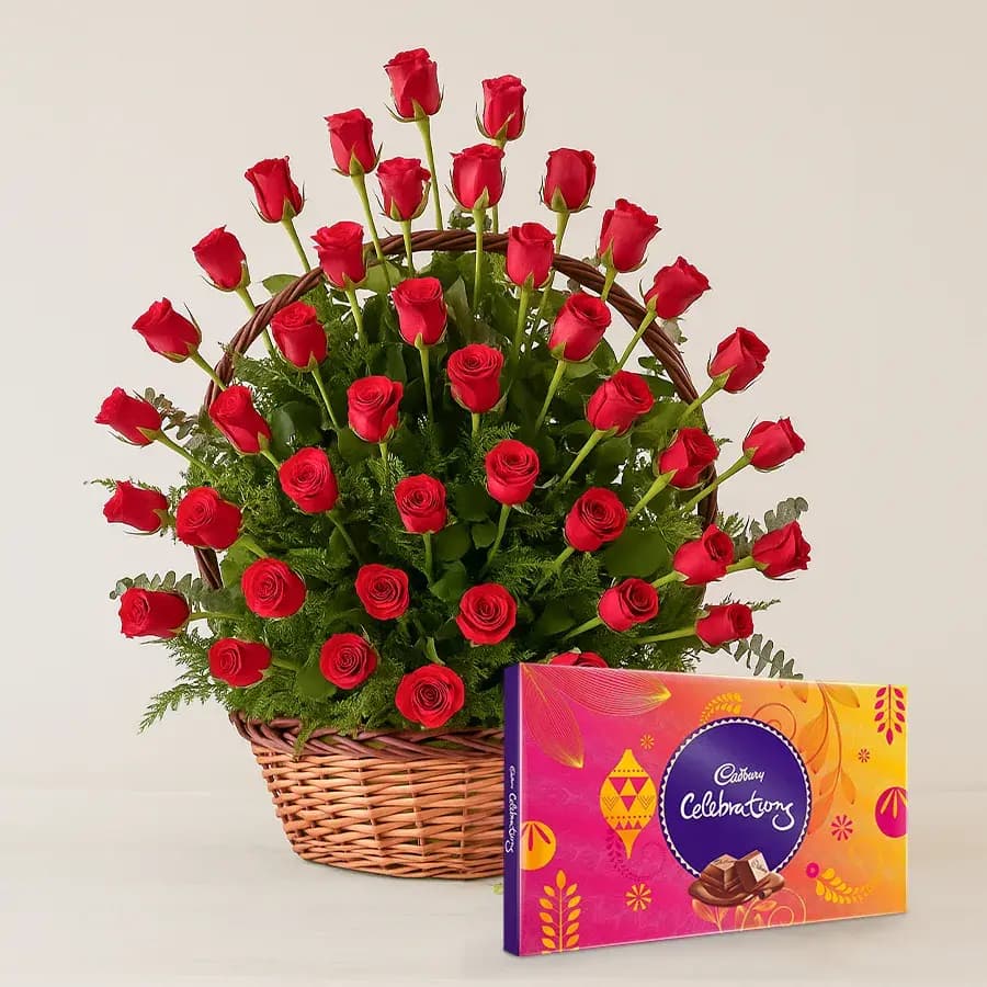 50 Red Roses Arrangement with Assorted Cadburys Chocolate.