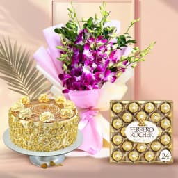 Ravishing Blue Orchid with Butterscotch Cake n Ferrero Rocher 1