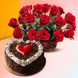 Scrumptious Black Forest Cake N 25 Red Roses Basket 1