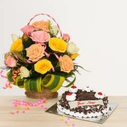 Multicolored Roses Basket with Black Forest Cake 1