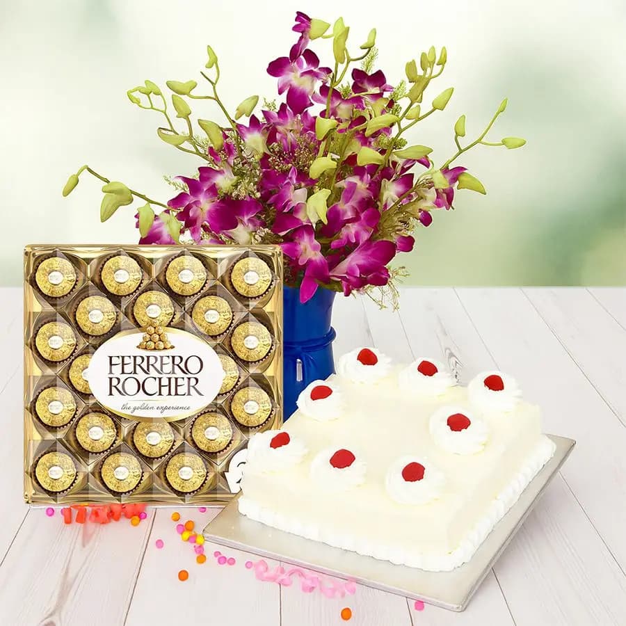 Stunning Purple Orchids in Vase with White Forest Cake n Ferrero Rocher