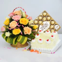 Enigmatic Mixed Roses Basket n White Forest Cake with Ferrero Rocher 1