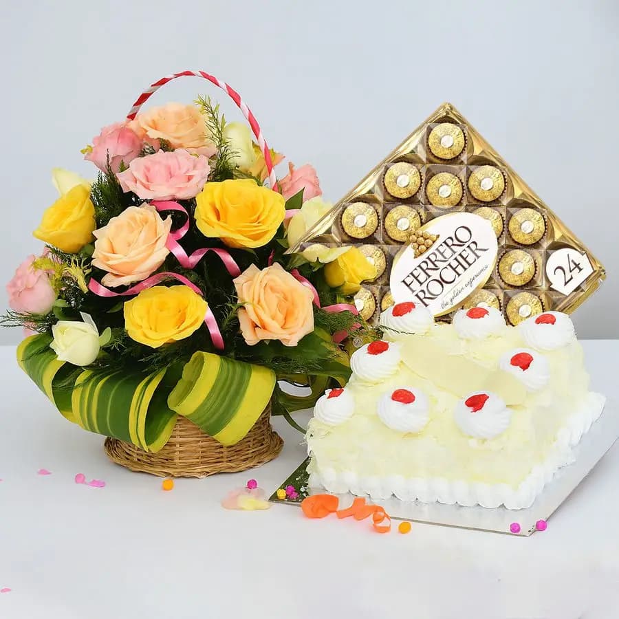 Enigmatic Mixed Roses Basket n White Forest Cake with Ferrero Rocher