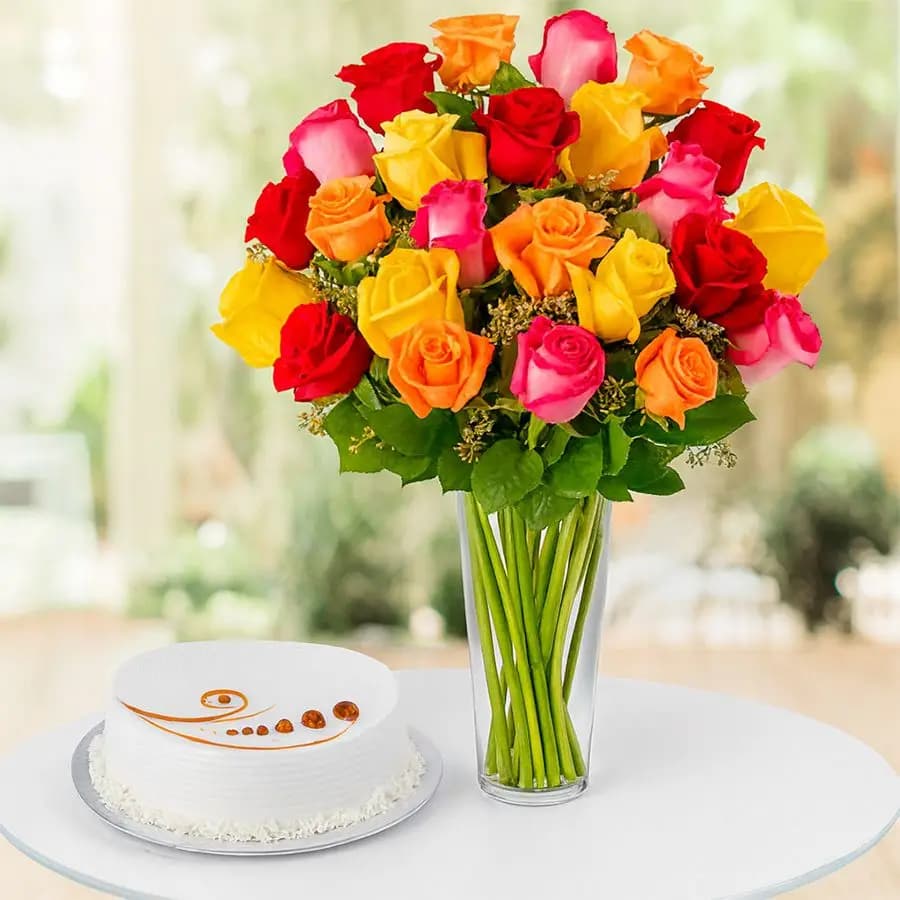 Ravishing Gift of Mixed Roses in Vase n Vanilla Cake