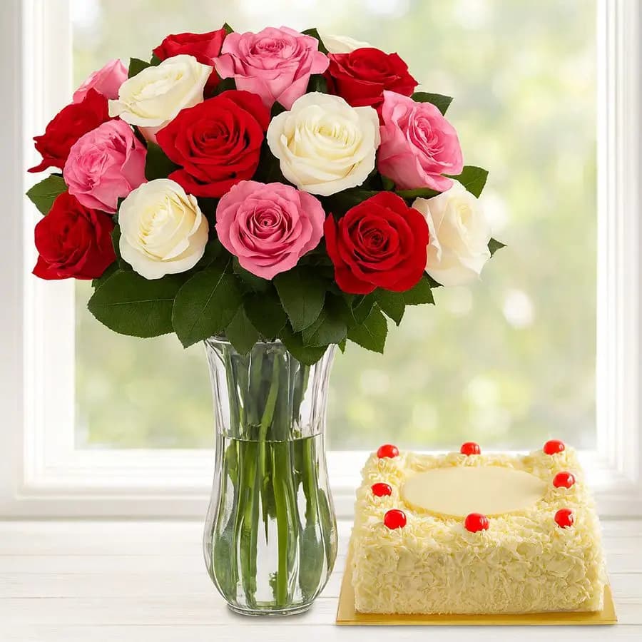 Scrumptious Pineapple Cake N Mixed Roses in Vase