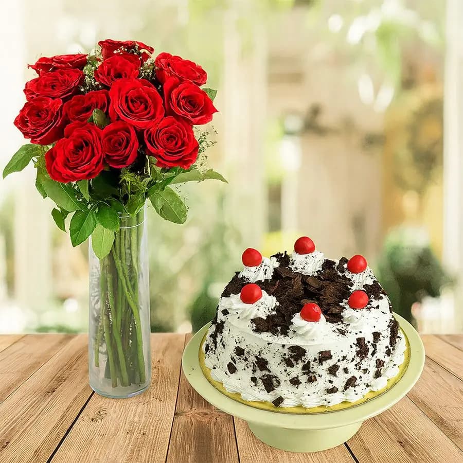 Lovely Red Roses in Vase with Black Forest Cake