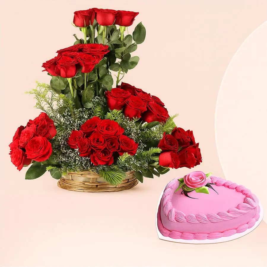 Delectable Strawberry Cake N Red Roses Basket Gift Combo