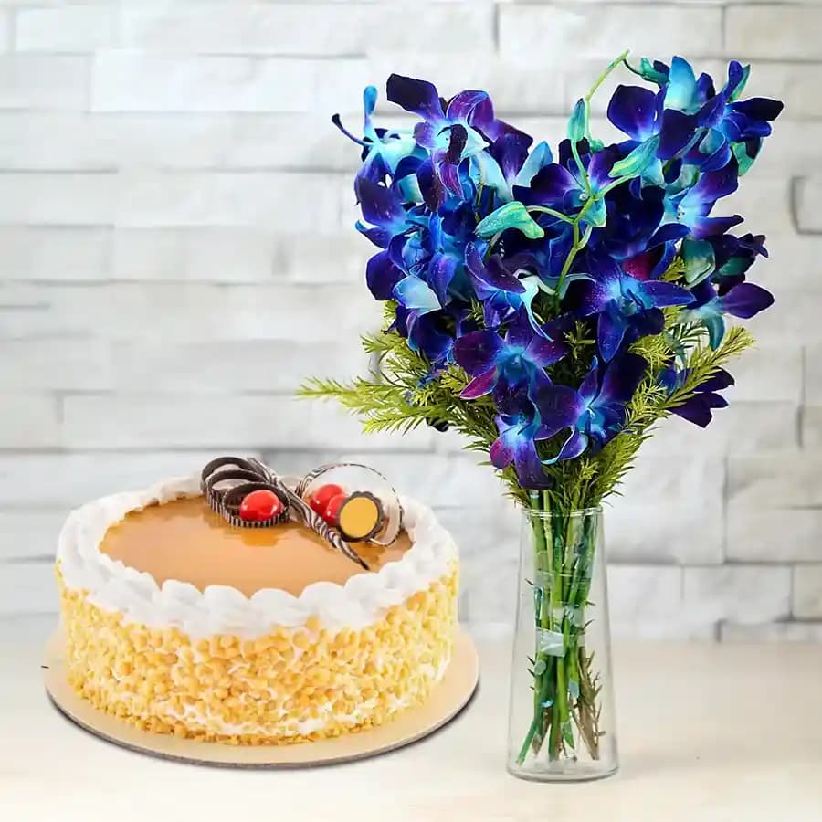 Alluring Combo of Blue Orchid in Vase and Butterscotch Cake